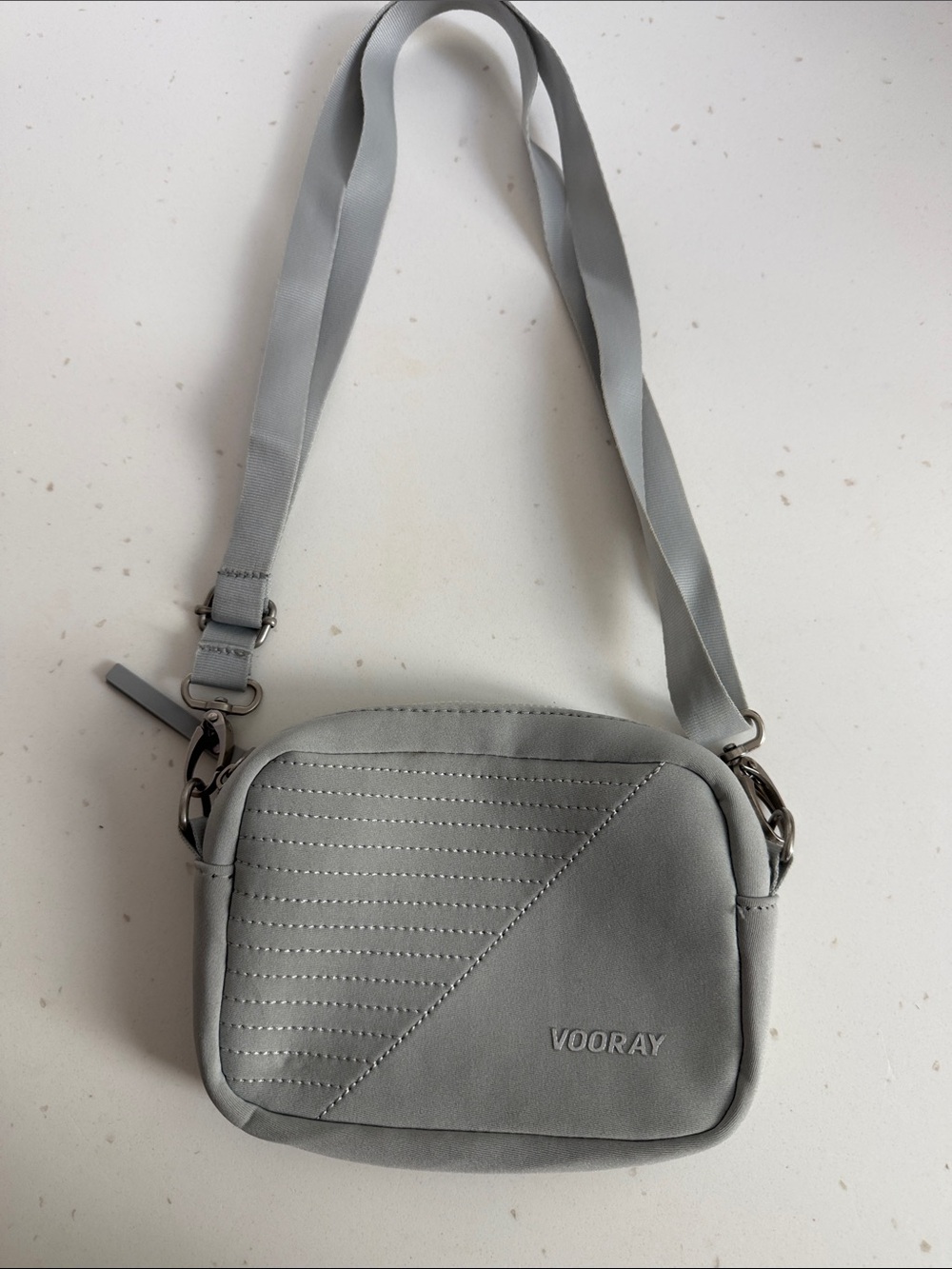 VOORAY Light Gray Crossbody Bag with Diagonal Stitch Detail